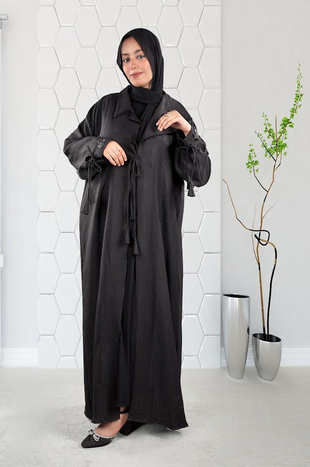 Elegant Black Tie-Sleeve Abaya
