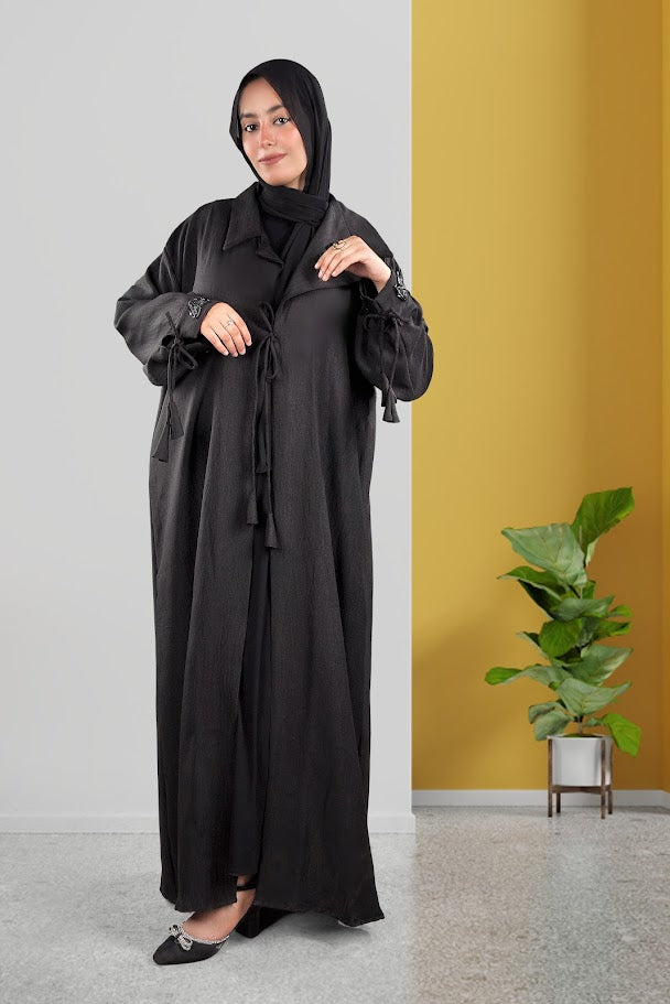 Elegant Black Tie-Sleeve Abaya