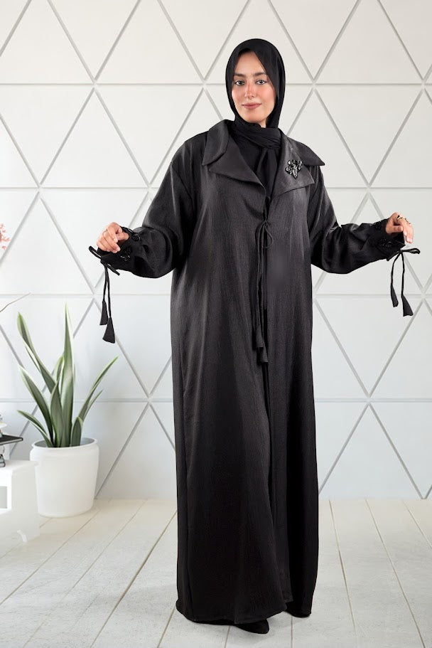 Elegant Black Tie-Sleeve Abaya