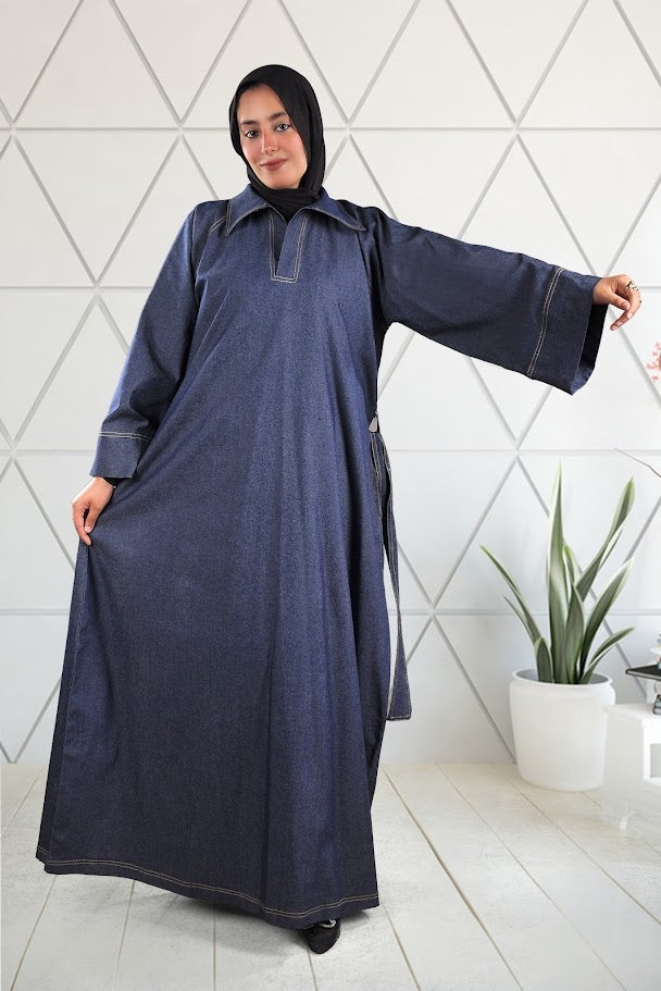 Elegant Denim Abaya with Classic Collar
