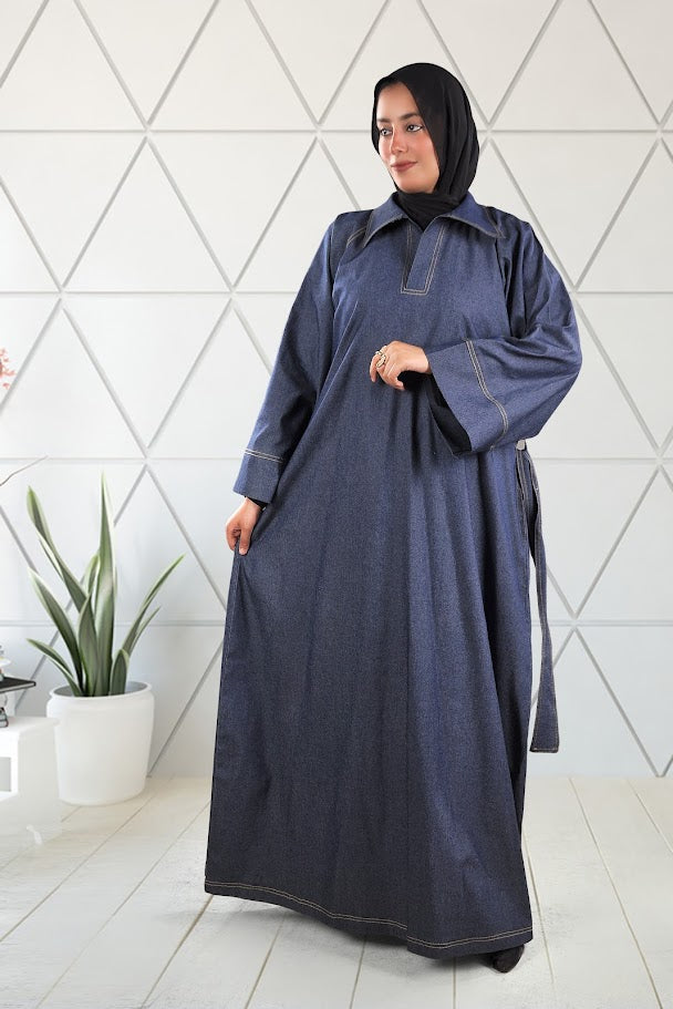 Elegant Denim Abaya with Classic Collar