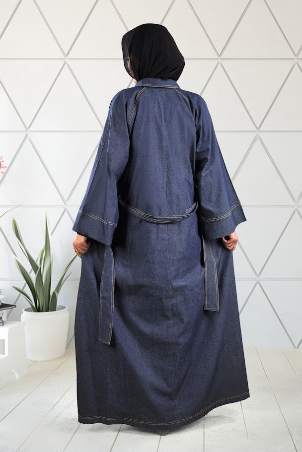 Elegant Denim Abaya with Classic Collar