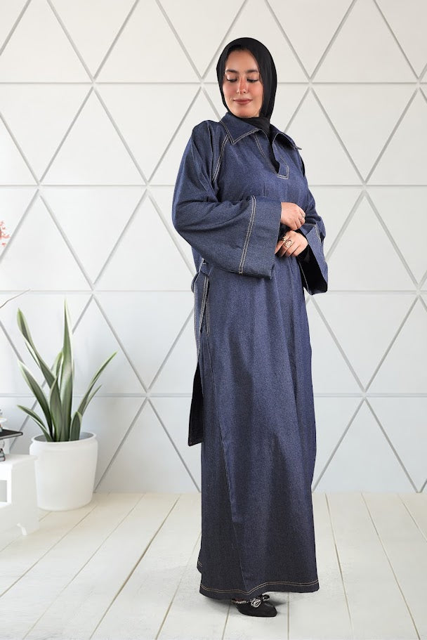 Elegant Denim Abaya with Classic Collar