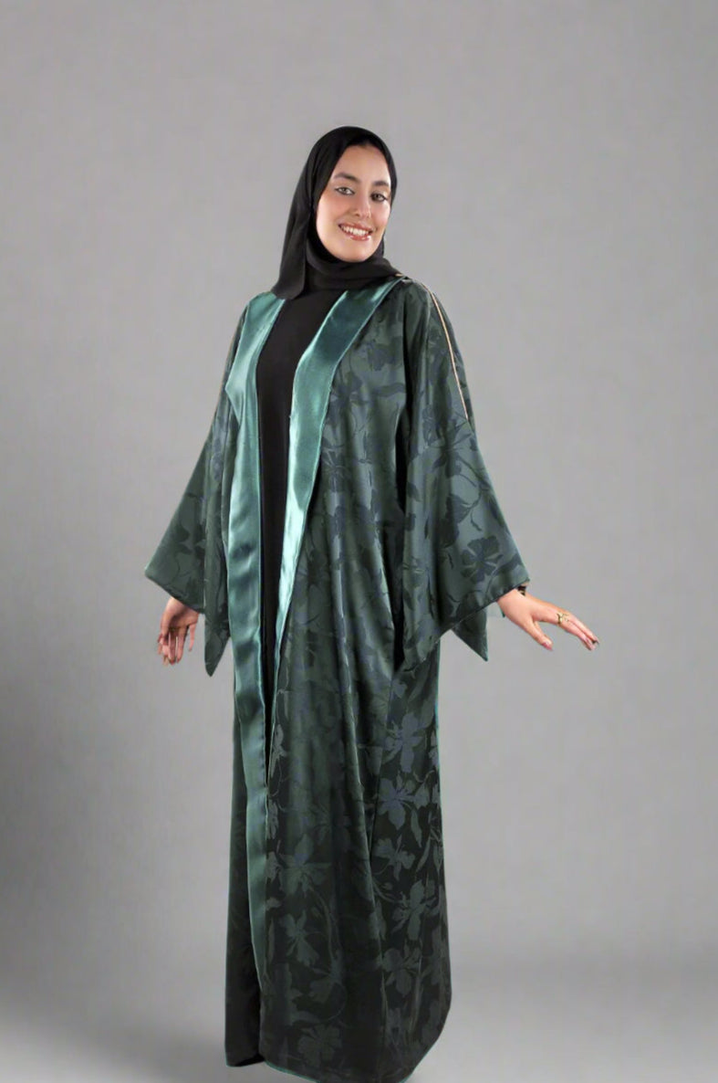 Green Textured Abaya with Pleated Finish