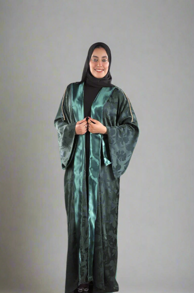 Green Textured Abaya with Pleated Finish