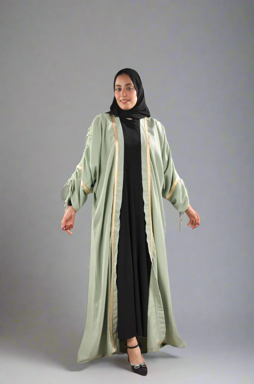 Sage Green Ruched Abaya with Golden Trim