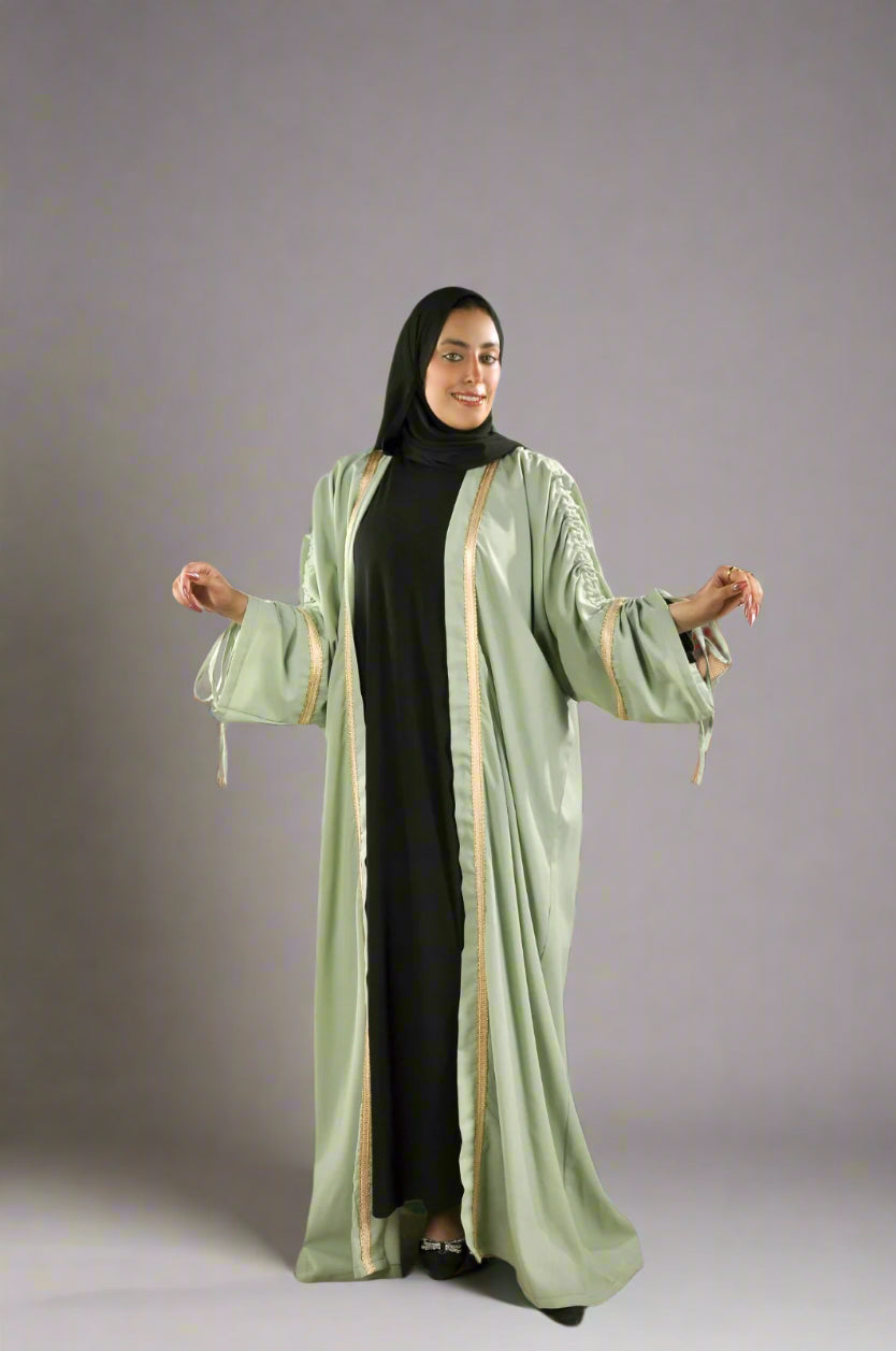 Sage Green Ruched Abaya with Golden Trim