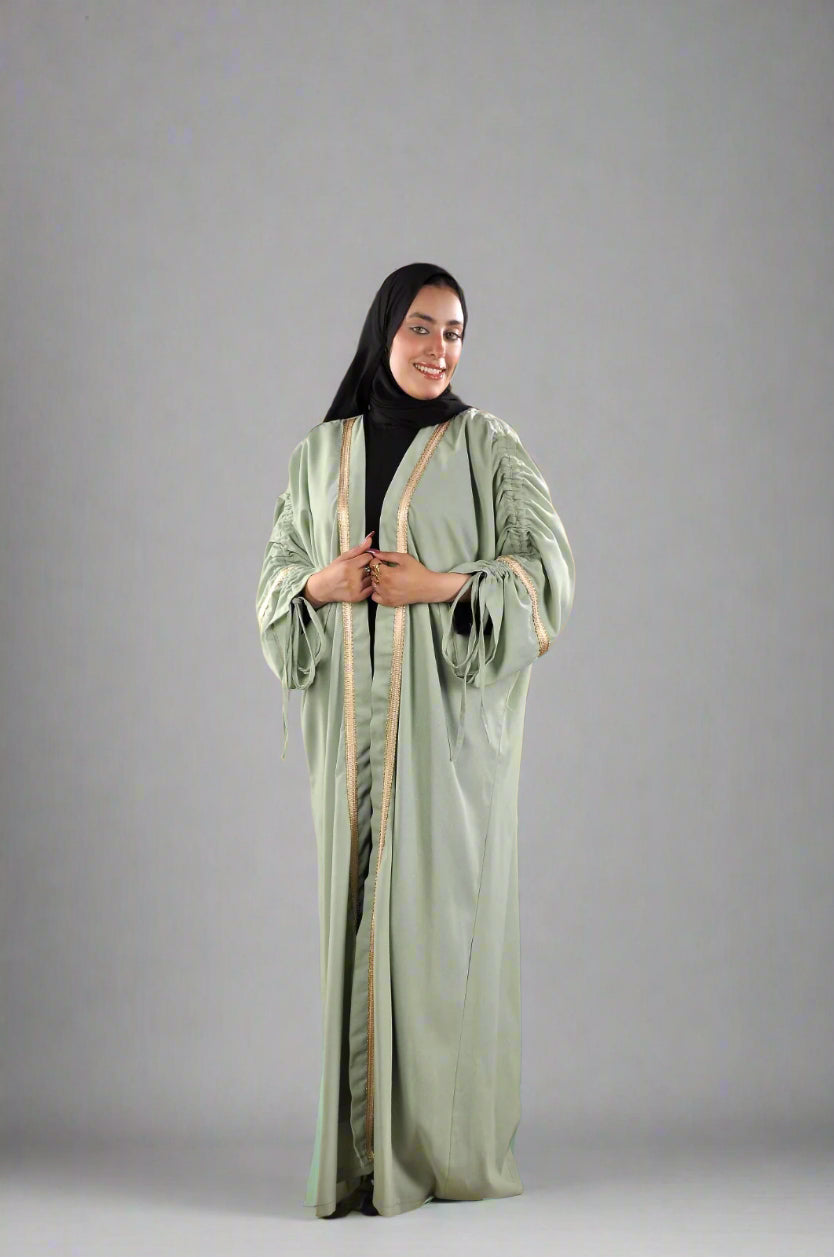 Sage Green Ruched Abaya with Golden Trim